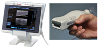The new imaging system consists of a handheld probe (on the right), and an ultrasound scanning display system (on the left). It can be easily transported between rooms in a clinic. Credit: Pim van den Berg/ Khalid Daoudi